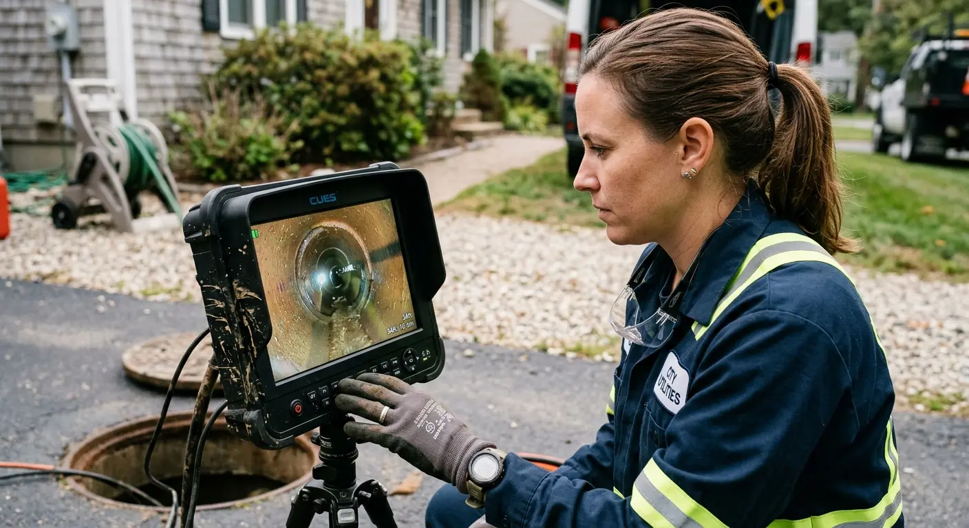 Technician reviewing sewer camera inspection footage in Massanetta Springs