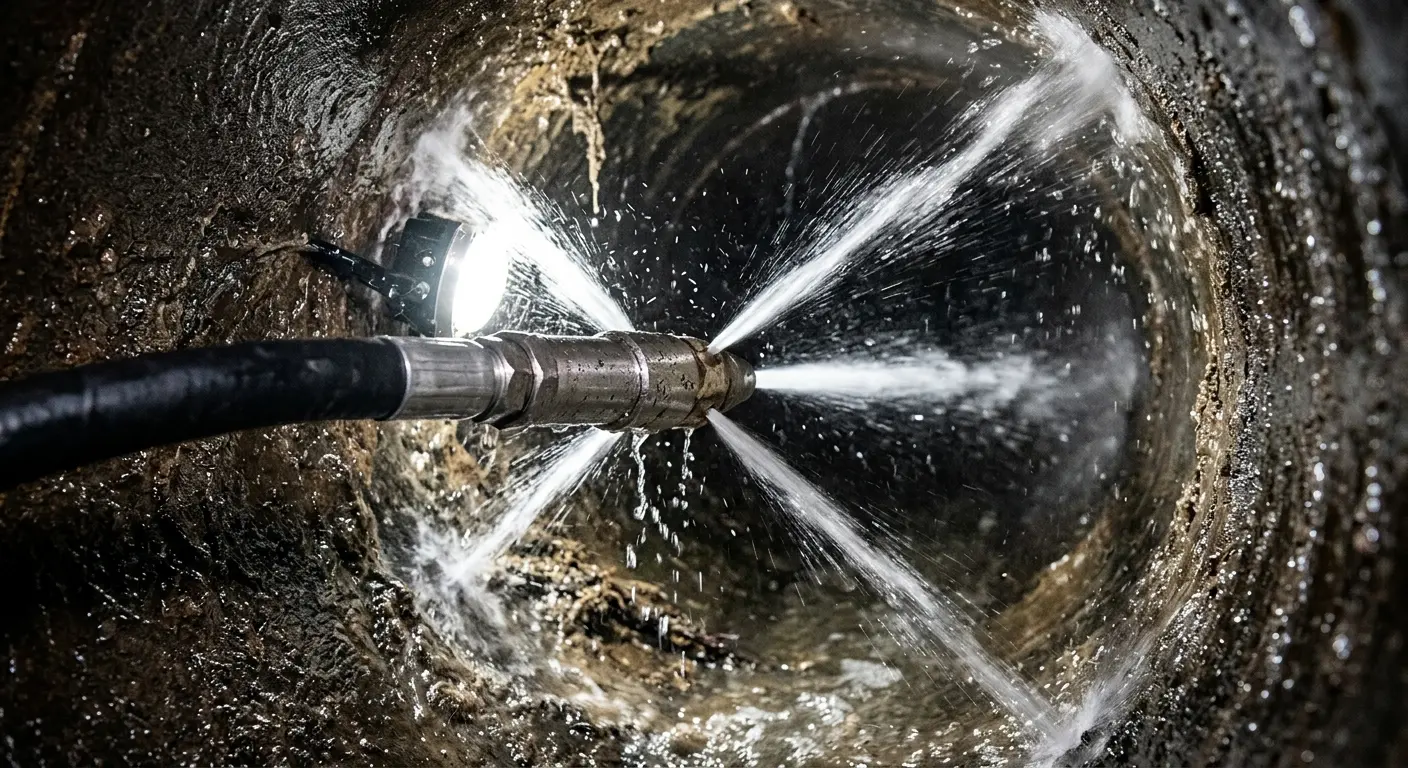 High-pressure hydro jetting nozzle cleaning sewer pipe for Sewer Cleanout in Massanetta Springs