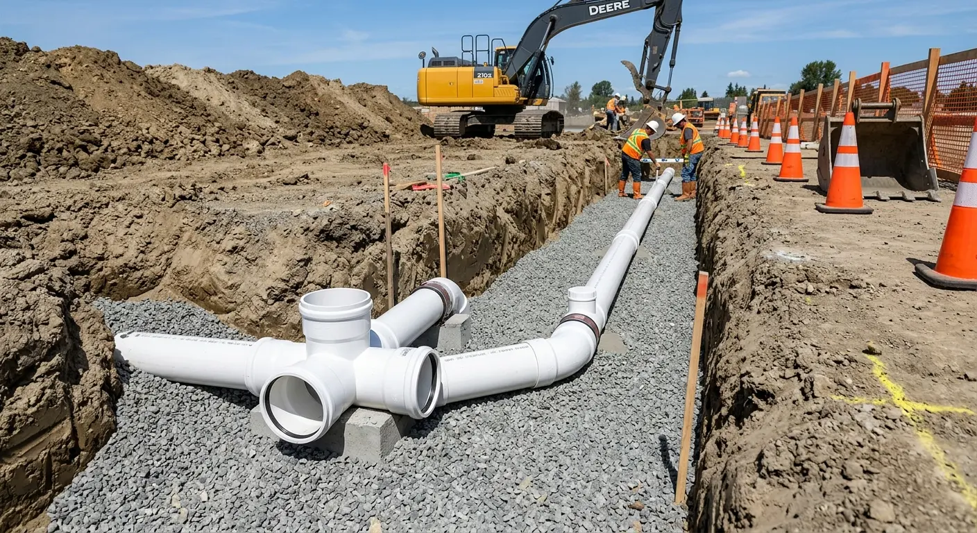 New PVC sewer pipe installation in open trench for Sewer Backup in Massanetta Springs
