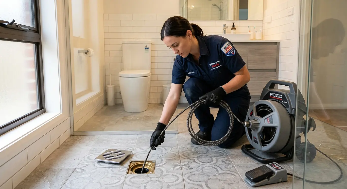 Technician clearing a bathroom floor drain for Drain Cleaning in Massanetta Springs